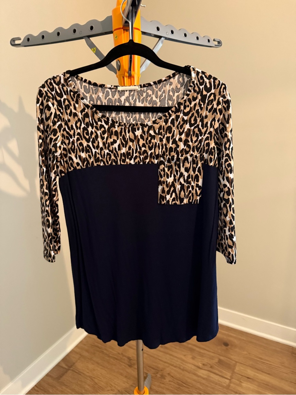 Reborn Navy and Leopard Print Scoop Neck Long Sleeve Top